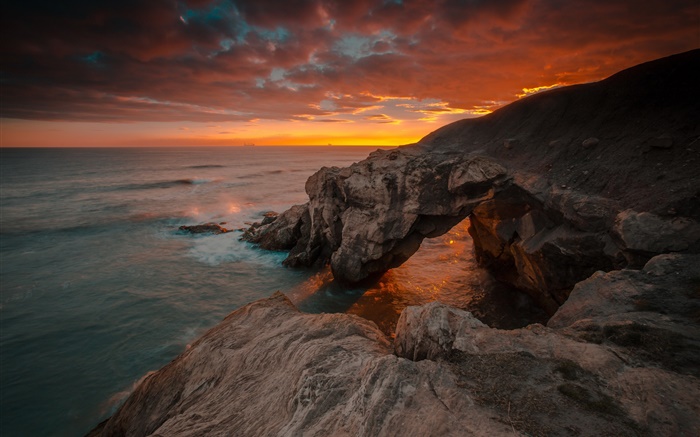 Англия, Нортумберленд, море, скалы, восход солнца, красное небо обои,s изображение