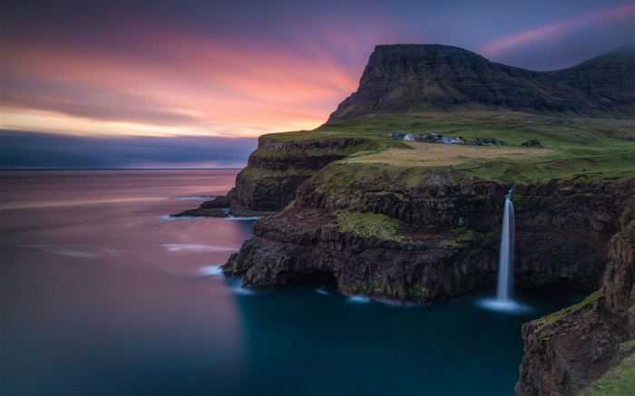Фарерские острова, водопад, Атлантический, горы, скалы, дома, закат обои,s изображение