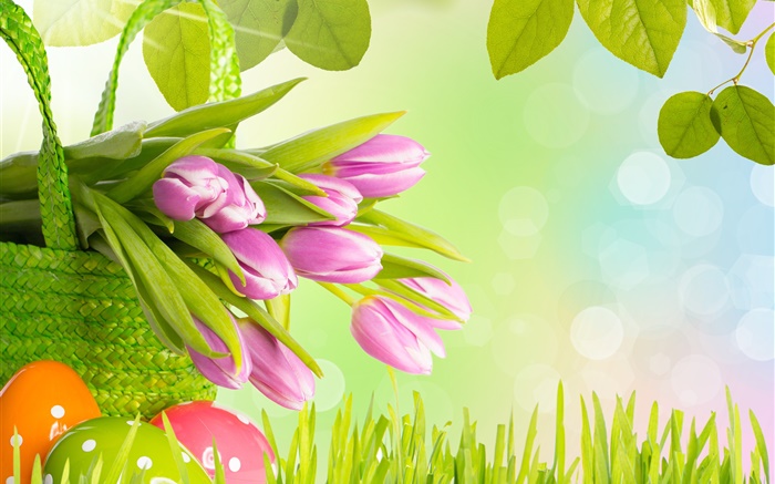 Цветы, фиолетовые тюльпаны, трава, весна, яйца, пасхальные обои,s изображение