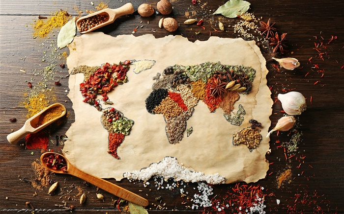 Пищевые продукты, специи, поверхность, карта мира, творческие фотографии обои,s изображение