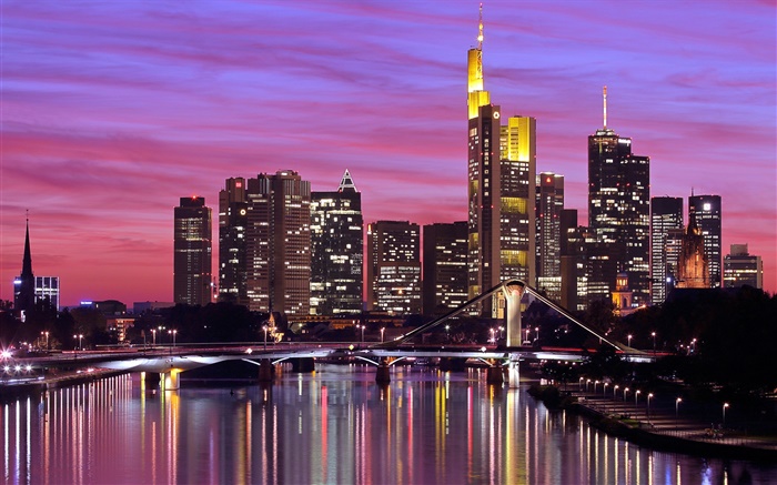 Франкфурт, Германия, город, река, мост, огни, небоскребы обои,s изображение