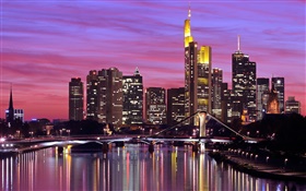 Франкфурт, Германия, город, река, мост, огни, небоскребы