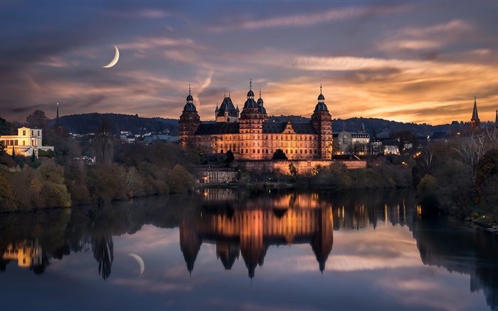 Германия, Ашаффенбург, ночь, луна, облака, вода отражение обои,s изображение