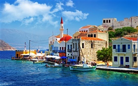 Греция, город, причал, лодка, дом HD обои