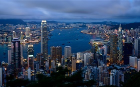 Гонконг, город, здания, облачное небо, утро