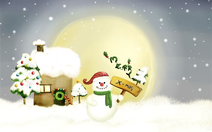 С Рождеством Христовым, снеговик, деревья, луна, дом, снег обои,s изображение