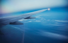 Пассажирский самолет, небо, облака, крыло самолета HD обои