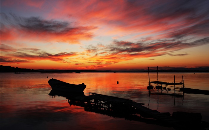 Пьер, закат, море, лодка, красное небо обои,s изображение