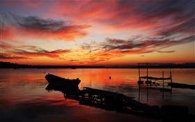 Пьер, закат, море, лодка, красное небо HD обои