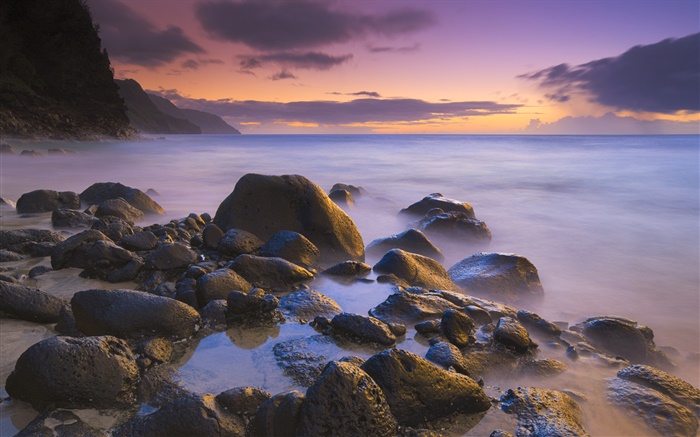 Скалы, пляж, море, закат, Гавайи, США обои,s изображение