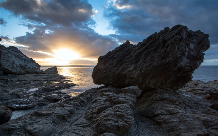 Скалы, море, закат, Коромандельский, Новая Зеландия обои,s изображение