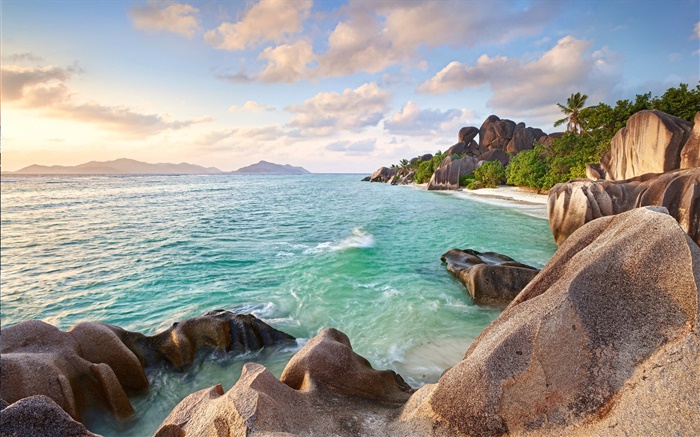 Сейшельские острова, камни, море, побережье, пляж, закат обои,s изображение