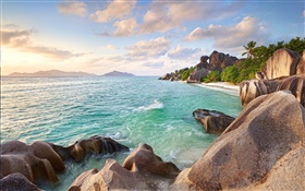 Сейшельские острова, камни, море, побережье, пляж, закат HD обои