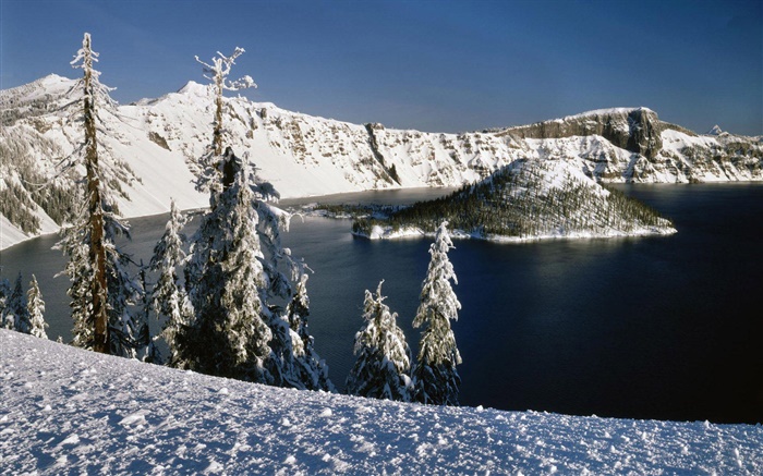 Снег, вулканические озера, деревья обои,s изображение