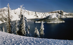 Снег, вулканические озера, деревья