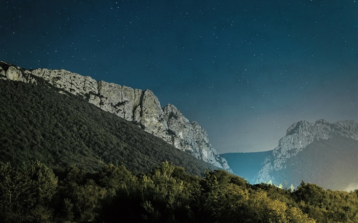 Каменные горы, деревья, ночь обои,s изображение