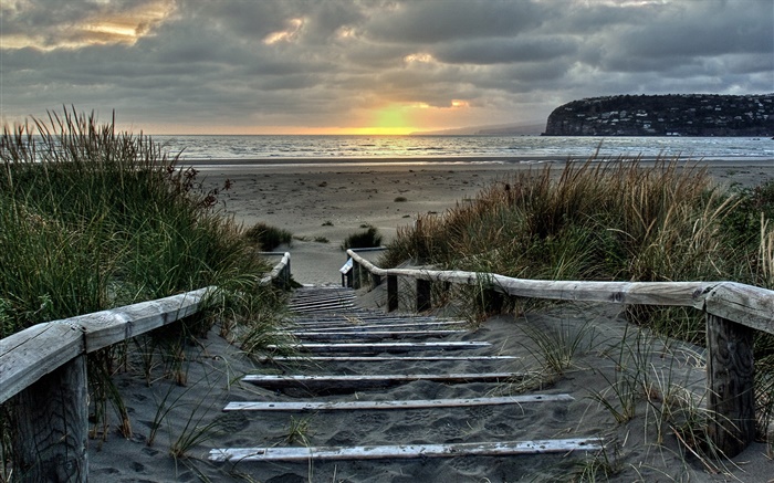 Восход, лестницы, берег, Южнобережье, Крайстчерч, Новая Зеландия обои,s изображение