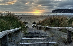 Восход, лестницы, берег, Южнобережье, Крайстчерч, Новая Зеландия HD обои