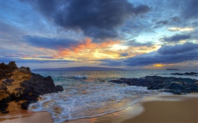 Закат, море, побережье, Секрет Пляж, Мауи, Гавайи, США HD обои
