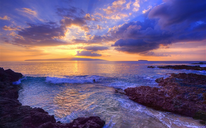 Закат, волны, пляж Секрет, Мауи, Гавайи, США обои,s изображение
