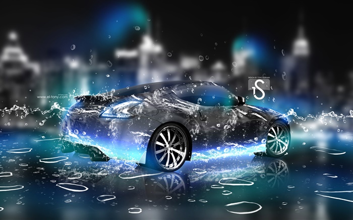 Всплеск воды автомобиль, вид сзади Nissan, креативный дизайн обои,s изображение