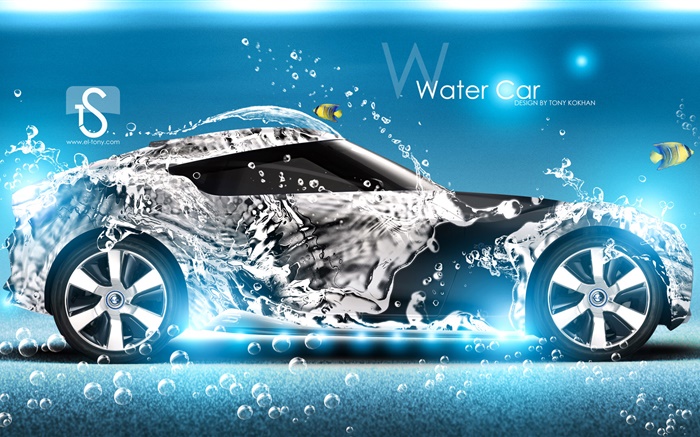 Всплеск воды автомобиль, рыба, креативный дизайн обои,s изображение