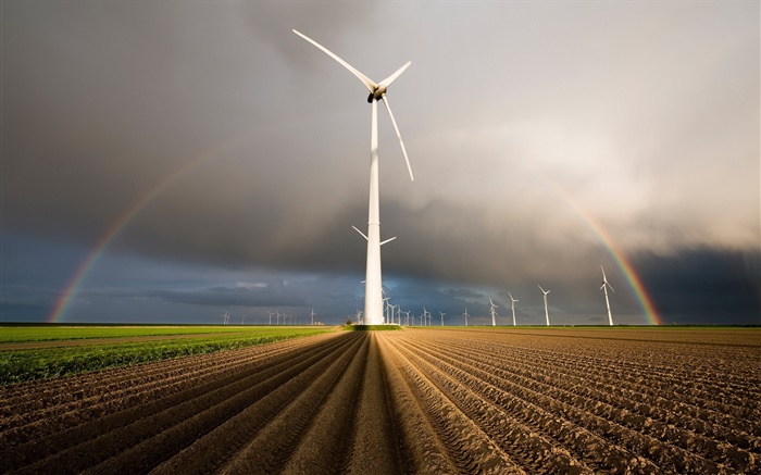 Ветряные мельницы, радуга, поле обои,s изображение