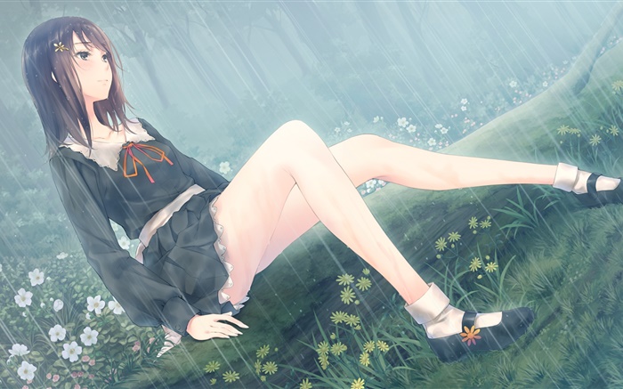 Аниме девушка, цветы, дождь обои,s изображение