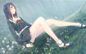 Аниме девушка, цветы, дождь