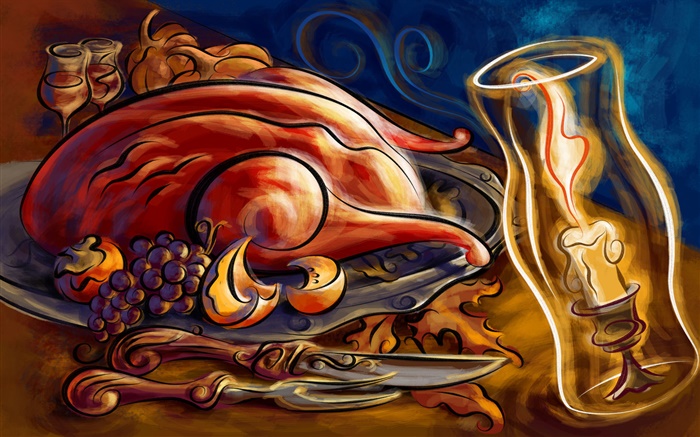 Художественная роспись, благодарение, жареная курица, свечи, виноград, ножи обои,s изображение
