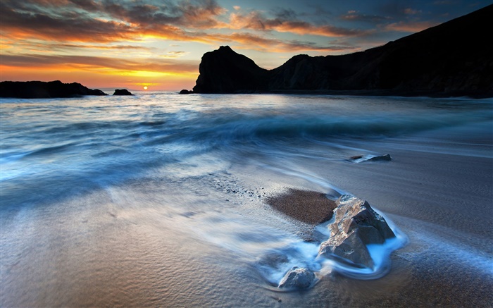 Красивая побережье пейзаж, закат, скалы, море обои,s изображение