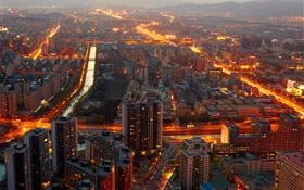 Пекин, Китай, в полночь, здания, огни