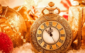 Новогоднее украшение, часы, шары, Новый год HD обои