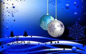 Новогодняя тема, векторные картинки, шары, деревья, снег, синий стиль