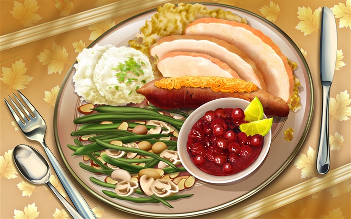 Вкусный ужин, блюдо, еда, нож, вилка, живопись обои,s изображение