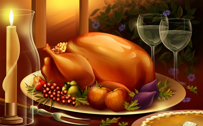 Ужин, курица, яблоки, лук, живопись обои,s изображение