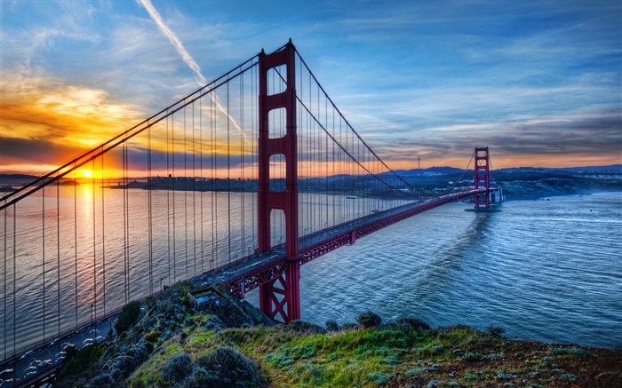 Мост Золотые Ворота, Сан-Франциско, Калифорния, США, море, небо, закат обои,s изображение