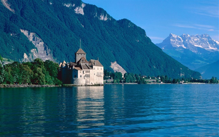 Озеро, горы, замок, дома, деревья обои,s изображение