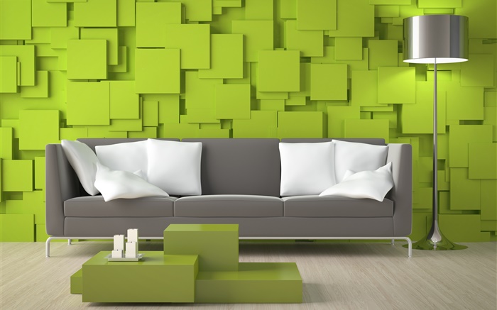 Гостиная, диван, зеленые стены, лампы обои,s изображение
