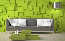 Гостиная, диван, зеленые стены, лампы