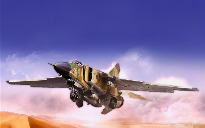 МиГ истребитель, полет, пустыня, облака обои,s изображение