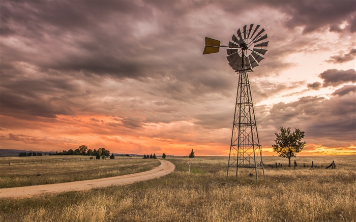 Новый Южный Уэльс, Австралия, трава, мельница, облака, закат обои,s изображение