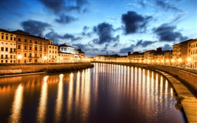 Пиза, Италия, город ночь, огни, река