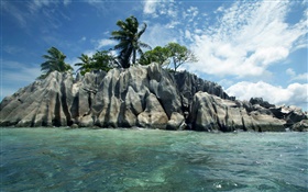 Море, камни, деревья, облака, Сейшельские острова HD обои