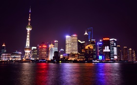 Шанхай, Китай, ночь, город, огни, небоскребы, река