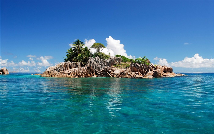 Небольшой остров, синее море, небо, остров Сейшельские острова обои,s изображение