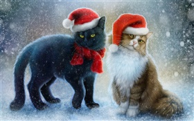 Две кошки, снег, шарф, шляпа Рождество