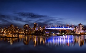 Ванкувер, Канада, город, небоскребы, здания, огни, ночь, лавровый