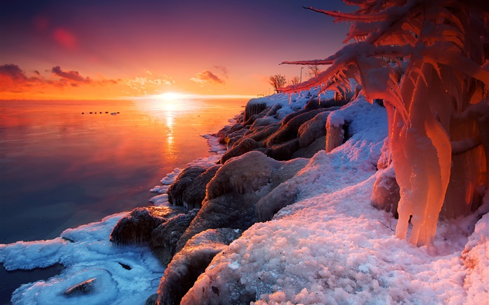 Зима, восход солнца, озеро, лед, снег, красивые пейзажи обои,s изображение