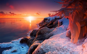Зима, восход солнца, озеро, лед, снег, красивые пейзажи HD обои